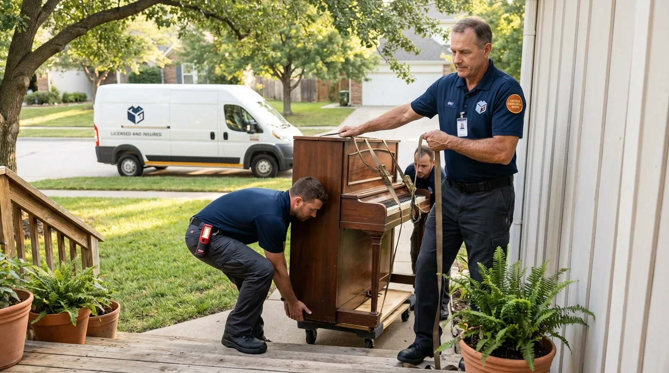 Licensed piano movers securing grand piano in Wrentham, MA
