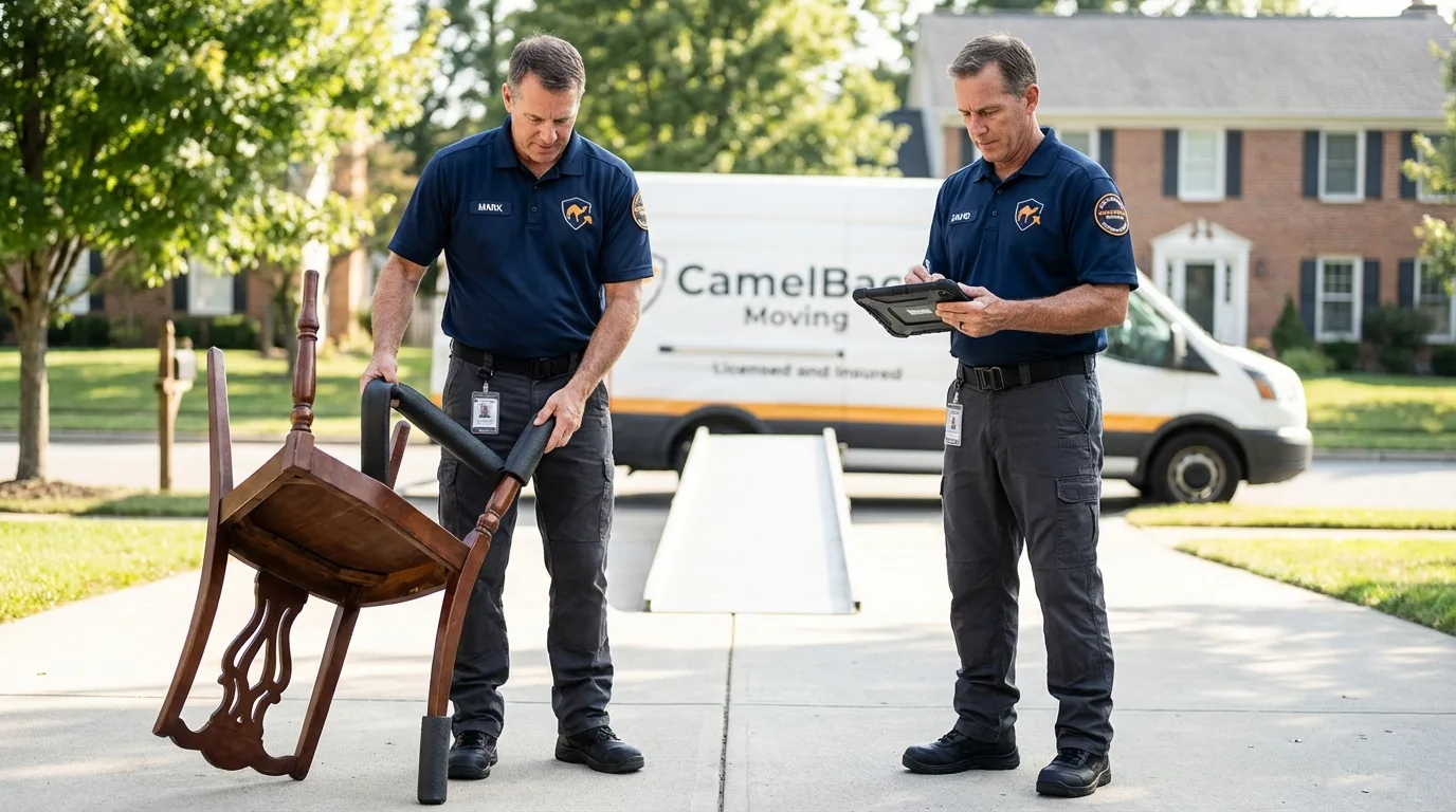 Movers inspecting furniture for damage prevention before loading in Wrentham, MA