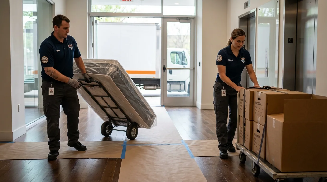 Professional apartment movers loading elevator in Wrentham, MA