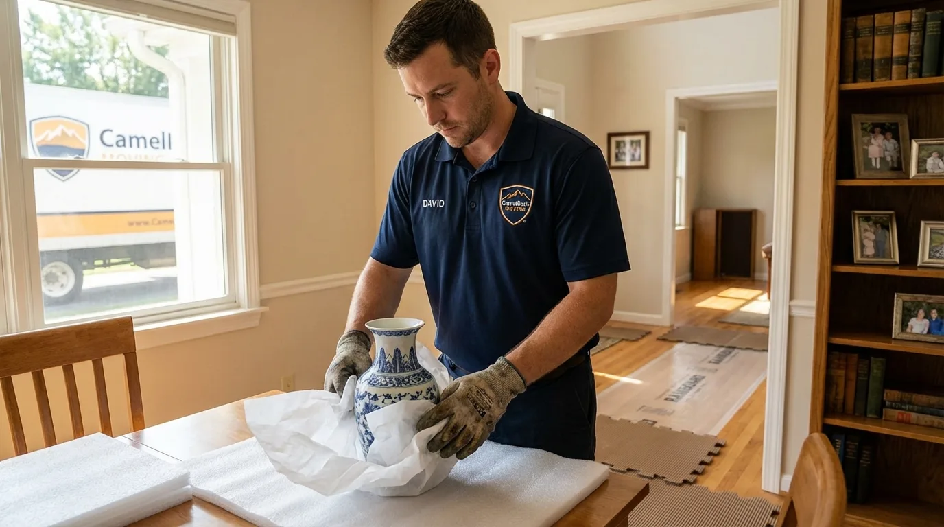 Professional crew carefully wrapping antique vase for senior downsizing move in Wrentham, MA