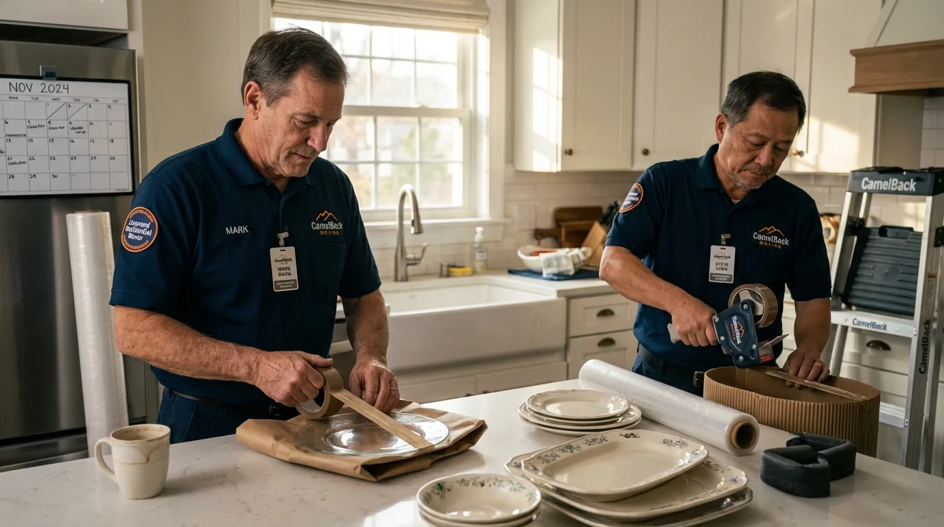 Professional crew packing kitchen dishware in Wrentham, MA